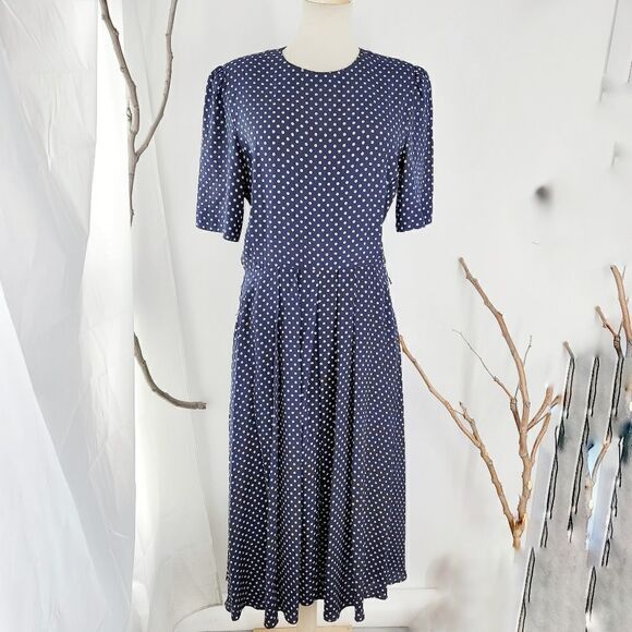 Vintage 80s navy polka dot summer dress - Picture 1 of 9